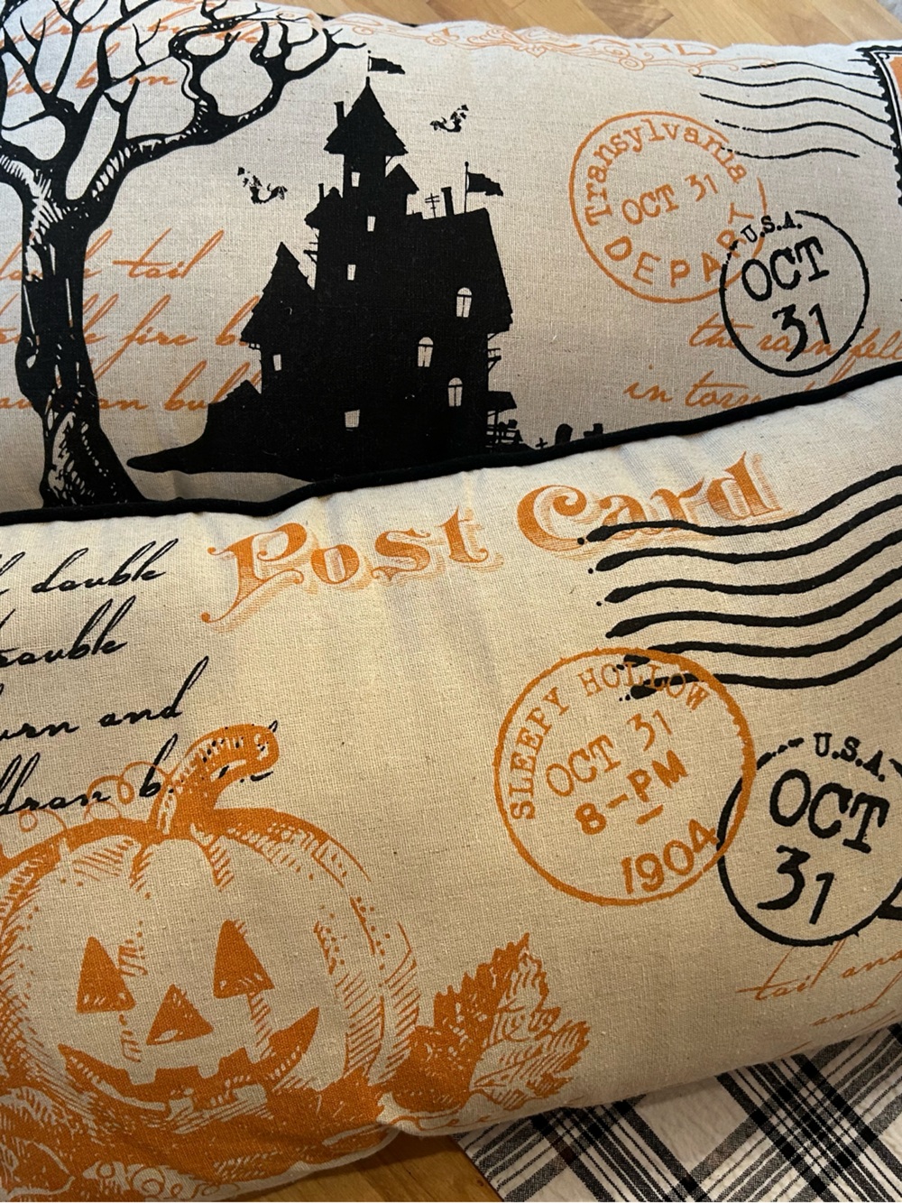 Set of 2 Vintage Halloween Pumpkin & Haunted House Decorative Throw Pillows